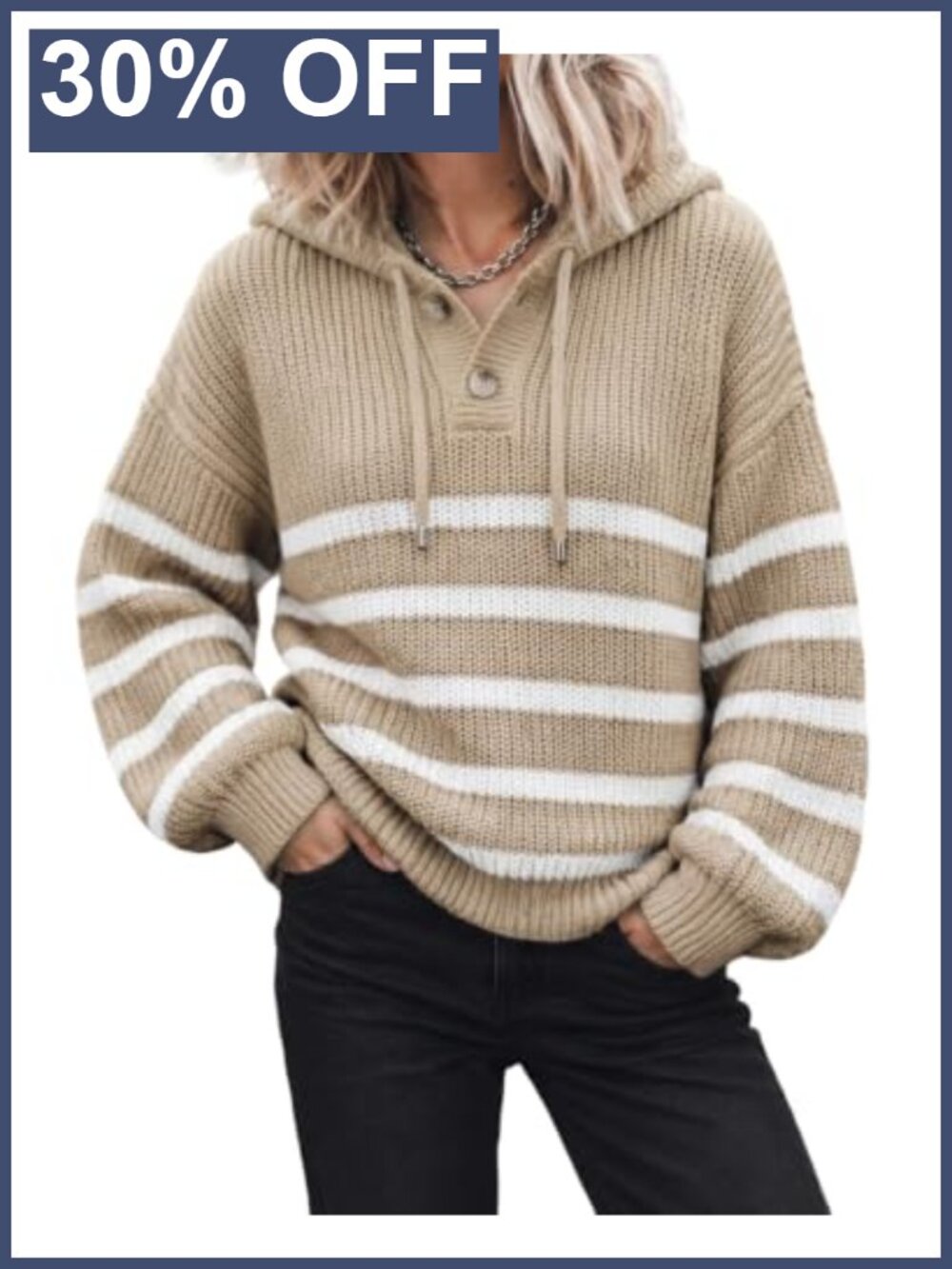 Waffle Knit Oversized Hoodie Sweater Striped Pullover